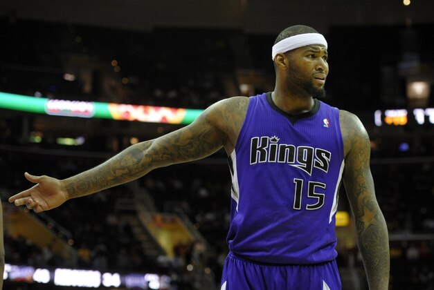 Feb 11, 2014; Cleveland, OH, USA; Sacramento Kings center DeMarcus Cousins (15) reacts in the fourth quarter against the Cleveland Cavaliers at Quicken Loans Arena. Mandatory Credit: David Richard-USA TODAY Sports
