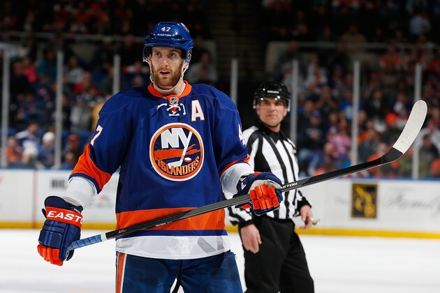 UNIONDALE, NY - JANUARY 20: Andrew MacDonald #47 of the New York Islanders skates against the Philadelphia Flyers at Nassau Veterans Memorial Coliseum on January 20, 2014 in Uniondale, New York. The Islanders defeated the Flyers 4-3.  (Photo by Mike Stobe/NHLI via Getty Images)