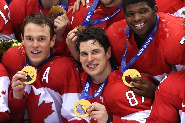 SOCHI, RUSSIA - FEBRUARY 23: (l-R) Jonathan Toews, Sidney Crosby and P.K. Subban #76 of Canada pose with the gold medals won during the Men's Ice Hockey Gold Medal match against Sweden on Day 16 of the 2014 Sochi Winter Olympics at Bolshoy Ice Dome on February 23, 2014 in Sochi, Russia. (Photo by Bruce Bennett/Getty Images) SOCHI, RUSSIA - FEBRUARY 23: (l-R) Jonathan Toews, Sidney Crosby and P.K. Subban #76 of Canada pose with the gold medals won during the Men's Ice Hockey Gold Medal match against Sweden on Day 16 of the 2014 Sochi Winter Olympics at Bolshoy Ice Dome on February 23, 2014 in Sochi, Russia. (Photo by Bruce Bennett/Getty Images)