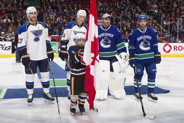VANCOUVER, BC - FEBRUARY 26: Olympic gold medallists Alex Pietrangelo #27 and Jay Bouwmeester #19 of the St. Louis Blues, and Roberto Luongo #1and Dan Hamhuis #2 of the Vancouver Canucks are honoured before their NHL game at Rogers Arena February 26, 2014 in Vancouver, British Columbia, Canada.    Vancouver won 1-0. (Photo by Jeff Vinnick/NHLI via Getty Images)