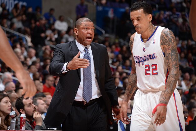 LOS ANGELES, CA - FEBRUARY 26: Head coach Doc Rivers of the Los Angeles Clippers directs Matt Barnes #22 during their game against the Houston Rockets at Staples Center on February 26, 2014 in Los Angeles, California. NOTE TO USER: User expressly acknowledges and agrees that, by downloading and/or using this Photograph, user is consenting to the terms and conditions of the Getty Images License Agreement. Mandatory Copyright Notice: Copyright 2014 NBAE (Photo by Andrew D. Bernstein/NBAE via Getty Images)