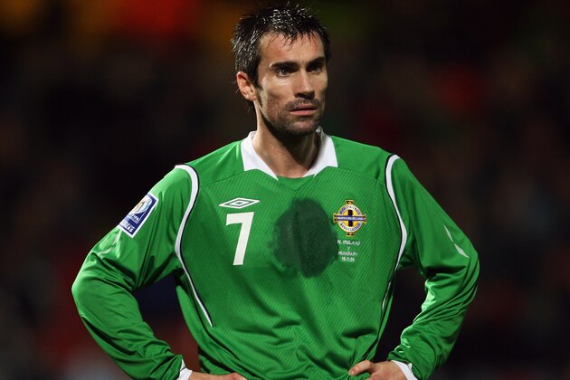 BELFAST, UNITED KINGDOM - NOVEMBER 19:  Keith Gillespie of Northern Ireland with his hands on his hips during the International Friendly between Northern Ireland and Hungary at Windsor Park on November 19, 2008 in Belfast, United Kingdom.  (Photo by Bryn Lennon/Getty Images)