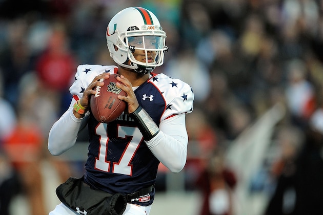 MOBILE, AL - JANUARY 25:  Stephen Morris #17 of the North squad drops back to pass against the South squad during the Reese's Senior Bowl at Ladd-Peebles Stadium on January 25, 2014 in Mobile, Alabama.  The South defeated the North 20-10.  (Photo by Stacy Revere/Getty Images)