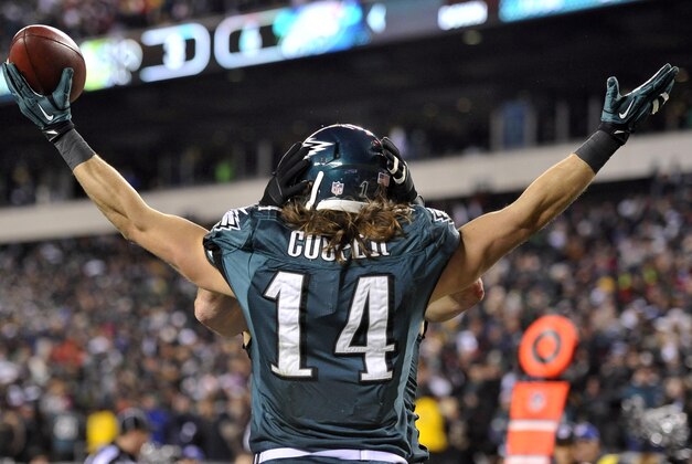 Jan 4, 2014; Philadelphia, PA, USA; Philadelphia Eagles wide receiver Riley Cooper (14) celebrates a touchdown catch against the New Orleans Saints during the first half 2013 NFC wild card playoff football game at Lincoln Financial Field. Mandatory Credit: Joe Camporeale-USA TODAY Sports