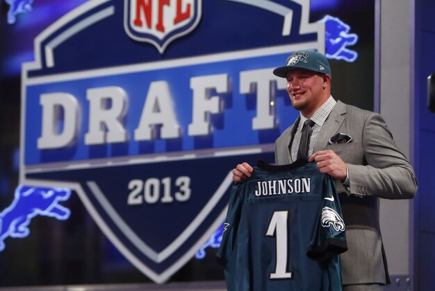 Apr 25, 2013; New York, NY, USA; Lane Johnson (Oklahoma) is introduced as the number four overall pick to the Philadelphia Eagles during the 2013 NFL Draft at Radio City Music Hall. Mandatory Credit: Jerry Lai-USA TODAY Sports