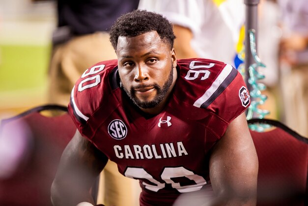 Aug 29, 2013; Columbia, SC, USA; South Carolina Gamecocks defensive end Chaz Sutton (90) on the sidelines against the North Carolina Tar Heels in the fourth quarter at Williams-Brice Stadium. Mandatory Credit: Jeff Blake-USA TODAY Sports