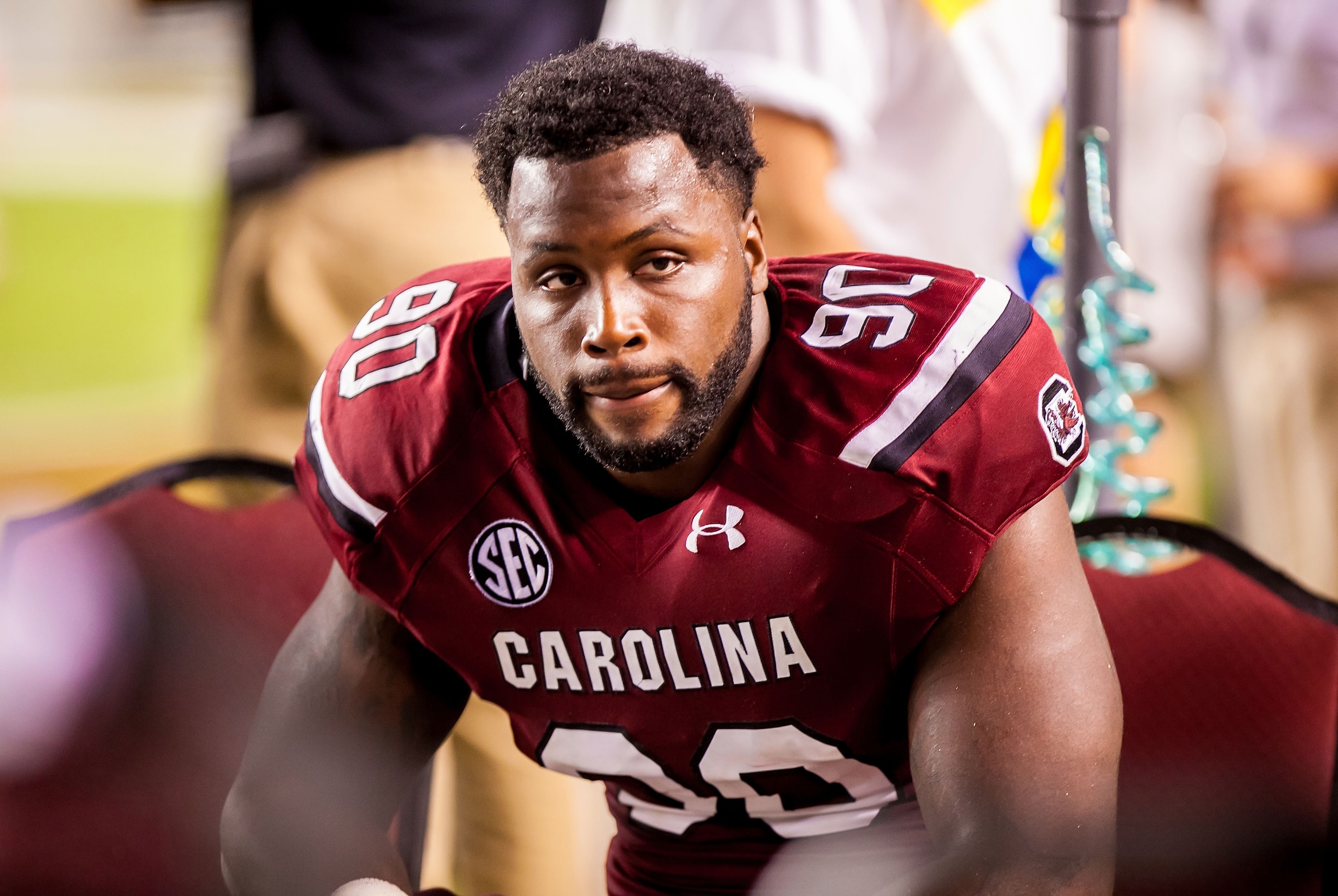 Aug 29, 2013; Columbia, SC, USA; South Carolina Gamecocks defensive end Chaz Sutton (90) on the sidelines against the North Carolina Tar Heels in the fourth quarter at Williams-Brice Stadium. Mandatory Credit: Jeff Blake-USA TODAY Sports Aug 29, 2013; Columbia, SC, USA; South Carolina Gamecocks defensive end Chaz Sutton (90) on the sidelines against the North Carolina Tar Heels in the fourth quarter at Williams-Brice Stadium. Mandatory Credit: Jeff Blake-USA TODAY Sports