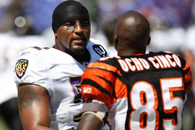 BALTIMORE - SEPTEMBER 7: Linebacker Ray Lewis #52 of the Baltimore Ravens speaks with Chad Ocho Cinco #85 of the Cincinnati Bengals at M & T Bank Stadium on September 7, 2008 in Baltimore, Maryland. The Ravens won 17-10. (Photo by Ned Dishman/Getty Images)