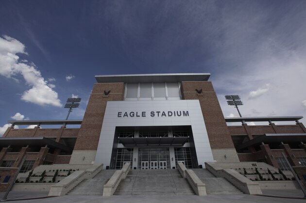 FILE - This Aug. 28, 2012 file photo shows the front entrance of Eagle Stadium at Allen High School in Allen, Texas. The $60 million high school stadium that got national attention for its grandeur _ and its price tag _ will be shut down indefinitely just 18 months after its opening, North Texas school district officials said Thursday, Feb. 27, 2014, for an examination of cracking in the concrete of the stadium's concourse. (AP Photo/LM Otero, File)