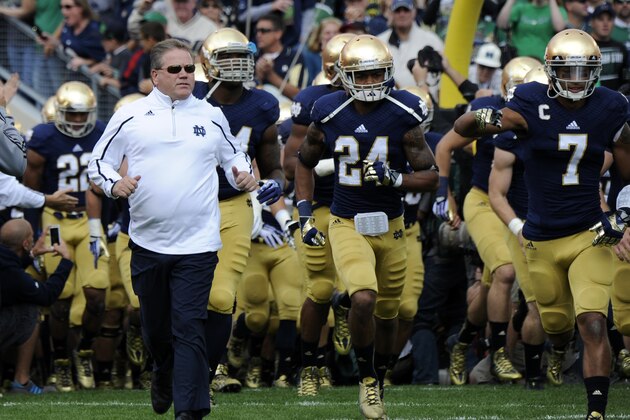 Notre Dame coach Brian Kelly runs onto the field with his team  prior to a in a NCAA college football game with Michigan State Saturday Sept. 21, 2013 in South Bend, Ind. (AP Photo/Joe Raymond)