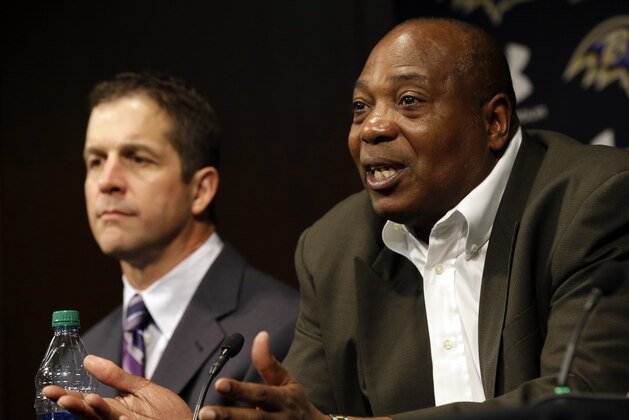 Baltimore Ravens general manager and executive vice president Ozzie Newsome, right, speaks alongside head coach John Harbaugh at an NFL football news conference on Thursday, Feb. 7, 2013 in Owings Mills, Md. The Ravens beat the San Francisco 49ers 34-31 in Super Bowl XLVII. (AP Photo/Patrick Semansky)