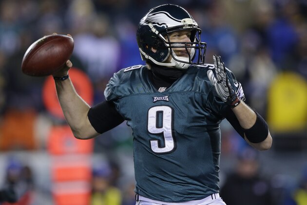 Philadelphia Eagles' Nick Foles is seen during the first half of an NFL wild-card playoff football game against the New Orleans Saints, Saturday, Jan. 4, 2014, in Philadelphia. (AP Photo/Michael Perez)