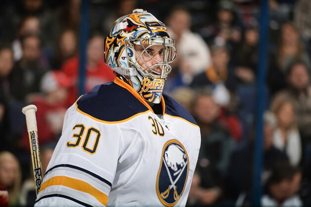 COLUMBUS, OH - JANUARY 25:  Goaltender Ryan Miller #30 of the Buffalo Sabres defends the net against the Columbus Blue Jackets on January 25, 2014 at Nationwide Arena in Columbus, Ohio.  (Photo by Jamie Sabau/NHLI via Getty Images)