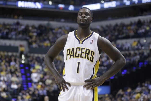 Indiana Pacers guard Lance Stephenson in the second half of an NBA basketball game  against the Sacramento Kings in Indianapolis, Tuesday, Jan. 14, 2014. The Pacers defeated the Kings 116-92. (AP Photo/Michael Conroy)
