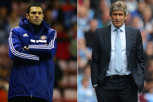FILE PHOTO - EDITORS NOTE: COMPOSITE OF TWO IMAGES - Image Numbers 453560903 (L) and 178918536) In this composite image a comparison has been made between Sunderland manager Gus Poyet (L) and Manuel Pellegrini manager of Manchester City. Manchester City and Sunderland meet in the Capital One Final on March 2,2014 at Wembley Stadium.
***LEFT IMAGE*** SUNDERLAND, ENGLAND - DECEMBER 04: Gus Poyet, manager of Sunderland looks on during the Barclays Premier League match between Sunderland and Chelsea at Stadium of Light on December 4, 2013 in Sunderland, England. (Photo by Matthew Lewis/Getty Images)  ***RIGHT IMAGE***  MANCHESTER, ENGLAND - AUGUST 31: Manchester City manager Manuel Pellegrini looks on during the Barclays Premier League match between Manchester City and Hull City at the Etihad Stadium on August 31, 2013 in Manchester, England. (Photo by Chris Brunskill/Getty Images)