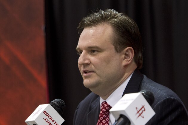 HOUSTON, TX - JULY 19: Daryl Morey, general manager of the Houston Rockets speaks during a press conference announcing the signing of Jeremy Lin at Toyota Center on July 19, 2012 in Houston, Texas.  (Photo by Bob Levey/Getty Images)