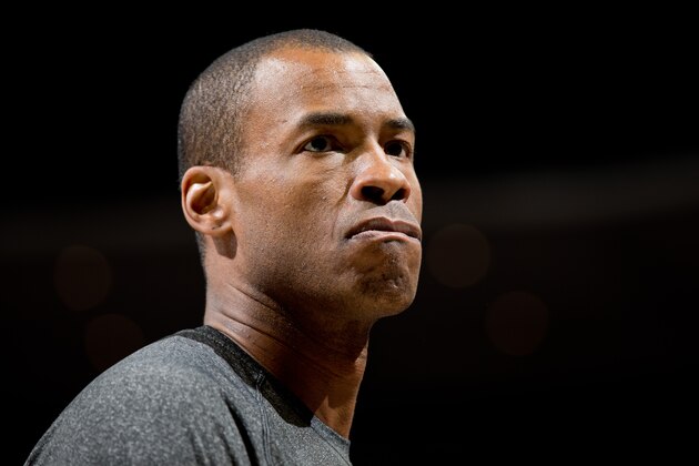 DENVER, CO - FEBRUARY 27:  Jason Collins #98 of the Brooklyn Nets looks on before the start of a game against the Denver Nuggets at Pepsi Center on February 27, 2014 in Denver, Colorado. Collins is the first openly gay athlete to play in one of the four major sports in the United States. Collins will wear #98 in honor of Matthew Shepard who was killed as part of a hate crime in 1998 near Laramie, Wyoming. Shepard's parents are expected to be in the crowd tonight. NOTE TO USER: User expressly acknowledges and agrees that, by downloading and or using this photograph, User is consenting to the terms and conditions of the Getty Images License Agreement.  (Photo by Justin Edmonds/Getty Images)