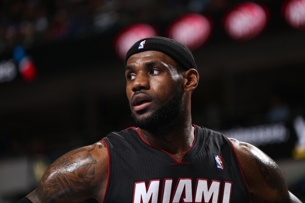 DALLAS, TX - FEBRUARY 18: LeBron James #6 of the Miami Heat isolated during a game at American Airlines Center on February 18, 2014 in Dallas, Texas. NOTE TO USER: User expressly acknowledges and agrees that, by downloading and/or using this photograph, user is consenting to the terms and conditions of the Getty Images License Agreement.  Mandatory Copyright Notice: Copyright 2014 NBAE (Photo by Nathaniel S. Butler/NBAE via Getty Images)