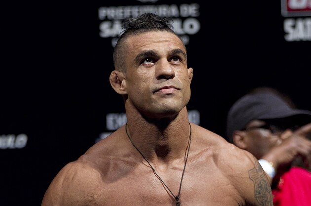 Brazilian fighter Vitor Belfort gestures as he weighs in ahead of the Ultimate Fighting Championship, UFC, in Sao Paulo, Brazil, Friday, Jan. 18, 2013. Belfort will compete in UFC in Sao Paulo on Jan. 19. (AP Photo/Andre Penner)