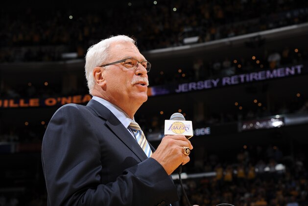 LOS ANGELES, CA - APRIL 2: Former NBA coach Phil Jackson addresses former NBA player Shaquille O'Neal during a jersey retirement ceremony at Staples Center on April 2, 2013 in Los Angeles, California. NOTE TO USER: User expressly acknowledges and agrees that, by downloading and/or using this Photograph, user is consenting to the terms and conditions of the Getty Images License Agreement. Mandatory Copyright Notice: Copyright 2013 NBAE (Photo by Andrew D. Bernstein/NBAE via Getty Images)