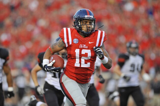 Mississippi receiver Donte Moncrief runs towards the end zone in the second quarter during an NCAA college football game in Oxford, Miss. (AP Photo/Austin McAfee)