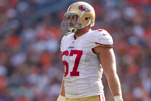 DENVER, CO - AUGUST 26:  Offensive guard Daniel Kilgore #67 of the San Francisco 49ers in action during a pre-season game against the Denver Broncos at Sports Authority Field Field at Mile High on August 26, 2012 in Denver, Colorado. The 49ers defeated the Broncos, 29-24.  (Photo by Justin Edmonds/Getty Images)