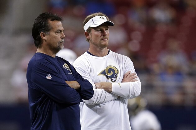 St. Louis Rams head coach Jeff Fisher, left, and general manager Les Snead watch during an NFL football training camp scrimmage inside the Edward Jones Dome, Saturday, Aug. 3, 2013, in St. Louis. (AP Photo/Jeff Roberson)