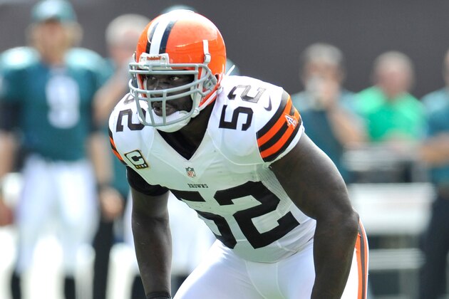 Sep 9, 2012; Cleveland, OH, USA; Cleveland Browns linebacker D'Qwell Jackson (52) during a game against the Philadelphia Eagles at Cleveland Browns Stadium. Philadelphia won 17-16. Mandatory Credit: David Richard-USA TODAY Sports