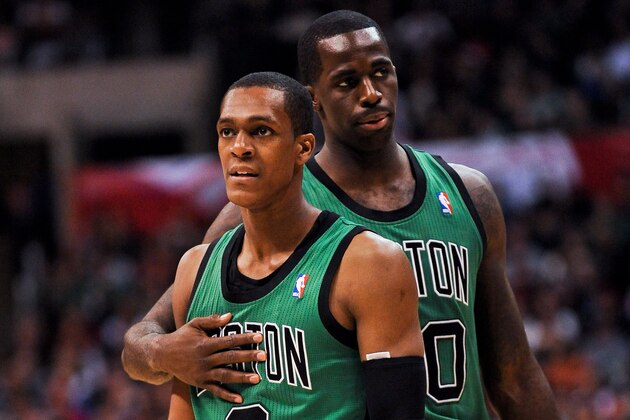 LOS ANGELES, CA - DECEMBER 27: Rajon Rondo #9 and Brandon Bass #30 of the Boston Celtics wait to resume action against the Los Angeles Clippers on December 27, 2012 at the Staples Center in Los Angeles, California. NOTE TO USER: User expressly acknowledges and agrees that, by downloading and or using this photograph, user is consenting to the terms and conditions of the Getty Images License Agreement. Mandatory Copyright Notice: Copyright 2012 NBAE (Photo by Noah Graham/NBAE via Getty Images)