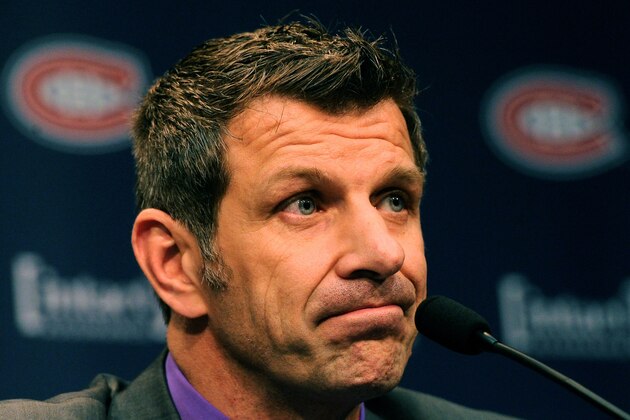 BROSSARD, CANADA - JUNE 5:  GM Marc Bergevin speaks to members of the media after introducing Michel Therrien as the new Head Coach of the Montreal Canadiens at the Bell SportsPlex on June 5, 2012 in Brossard, Quebec, Canada.  (Photo by Richard Wolowicz/Getty Images)