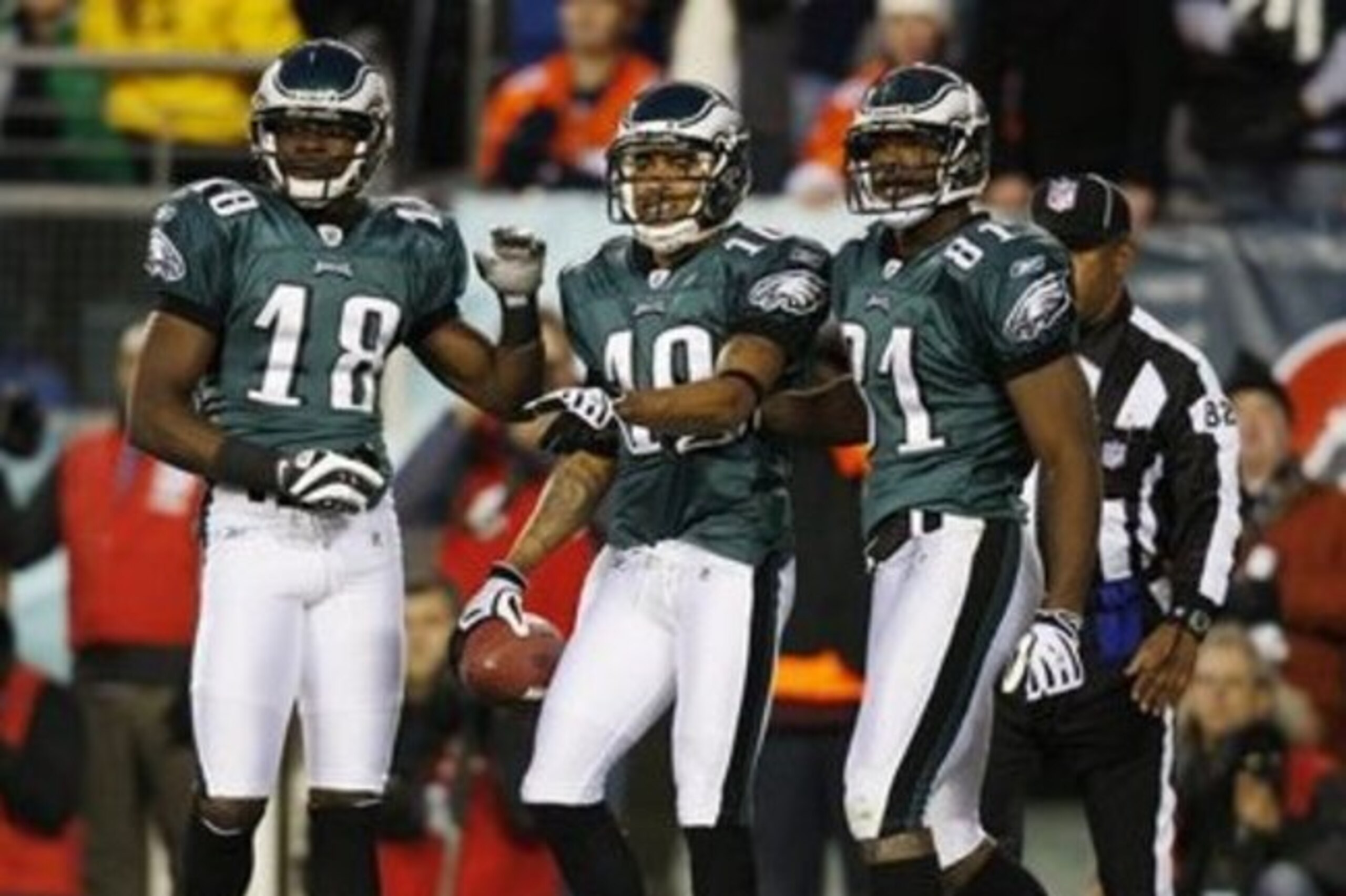Philadelphia Eagles wide receiver DeSean Jackson (10) celebrates his touchdown with teammates Jeremy Maclin (18) and Jason Avant (81) in the first half of an NFL football game against the Denver Broncos, Sunday, Dec. 27, 2009, in Philadelphia. (AP Photo/Mel Evans)