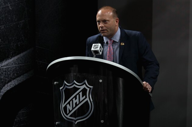 NEWARK, NJ - JUNE 30:  Vice President and General Manager Stan Bowman of the Chicago Blackhawks speaks at the podium during the 2013 NHL Draft at the Prudential Center on June 30, 2013 in Newark, New Jersey.  (Photo by Bruce Bennett/Getty Images)
