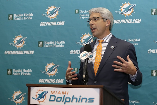 Dennis Hickey, new general manager for the Miami Dolphins football team, speaks during a news conference, Tuesday, Jan. 28, 2014, in Davie, Fla. (AP Photo/Lynne Sladky)