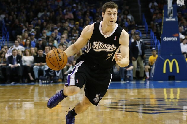 Sacramento Kings guard Jimmer Fredette (7) drives during an NBA basketball game against the Oklahoma City Thunder in Oklahoma City, Sunday, Jan. 19, 2014. Oklahoma City won 108-93.(AP Photo/Sue Ogrocki) Sacramento Kings guard Jimmer Fredette (7) drives during an NBA basketball game against the Oklahoma City Thunder in Oklahoma City, Sunday, Jan. 19, 2014. Oklahoma City won 108-93.(AP Photo/Sue Ogrocki)