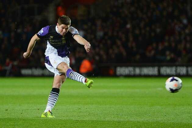 SOUTHAMPTON, ENGLAND - MARCH 01: Steven Gerrard of Liverpool shoots during the Barclays Premier League match between Southampton and Liverpool at St Mary's Stadium on March 1, 2014 in Southampton, England.  (Photo by Mike Hewitt/Getty Images)