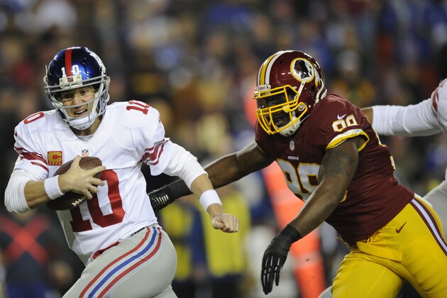 New York Giants quarterback Eli Manning (10) is sacked by Washington Redskins outside linebacker Brian Orakpo (98) during the first half of an NFL football game Sunday, Dec. 1, 2013, in Landover, Md. (AP Photo/Nick Wass)
