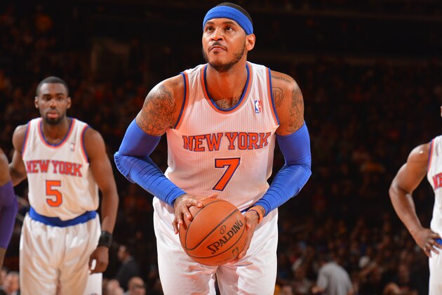 NEW YORK, NY - JANUARY 26: Carmelo Anthony #7 of the New York Knicks prepares to shoot against the Los Angeles Lakers at Madison Square Garden on January 26, 2014 in New York, New York. NOTE TO USER: User expressly acknowledges and agrees that, by downloading and or using this photograph, User is consenting to the terms and conditions of the Getty Images License Agreement. Mandatory Copyright Notice: Copyright 2014 NBAE (Photo by Jesse Garrabrant/NBAE via Getty Images)