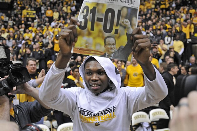 WICHITA, KS - MARCH 01:  Forward Cleanthony Early #11 of the Wichita State Shockers celebrates after beating the Missouri State Bears on March 1, 2014 at Charles Koch Arena in Wichita, Kansas.  Wichita State won 68-45.  (Photo by Peter Aiken/Getty Images)