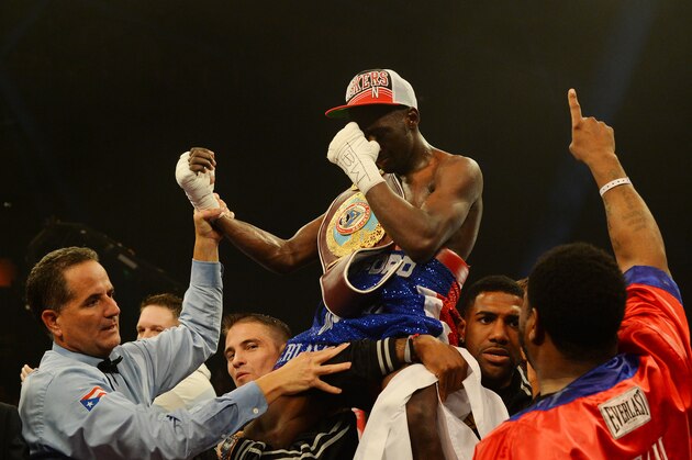 GLASGOW, SCOTLAND - MARCH 1 :  Terence Crawford celebrates his victory over Rick Burns during the WBO World Lightweight Championship Boxing match at the Glasgow SECC on March 1 2014 in Glasgow, Scotland. (Photo by Mark Runnacles/Getty Images)