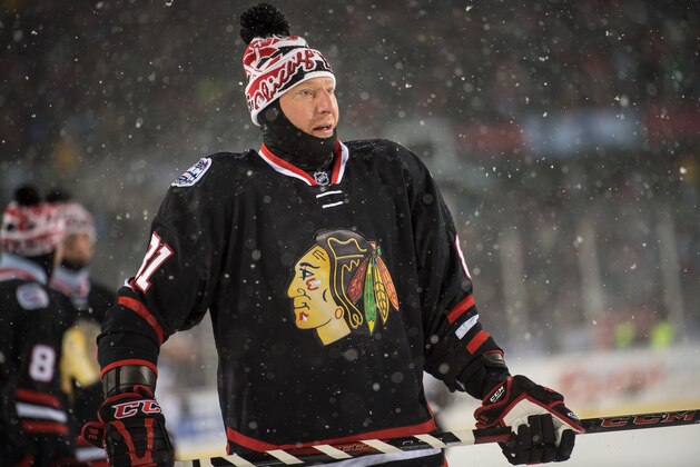 CHICAGO, IL - MARCH 1: Marian Hossa #81 of the Chicago Blackhawks looks on during the 2014 NHL Stadium Series against the Pittsburgh Penguins on March 01, 2014 at Soldier Field in Chicago, Illinois. (Photo by Bill Smith/NHLI via Getty Images)