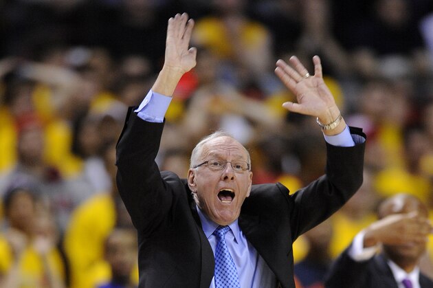 Syracuse head coach Jim Boeheim gestures during the second half of an NCAA college basketball game against Maryland, Monday, Feb. 24, 2014, in College Park, Md. Syracuse won 57-55. (AP Photo/Nick Wass) Syracuse head coach Jim Boeheim gestures during the second half of an NCAA college basketball game against Maryland, Monday, Feb. 24, 2014, in College Park, Md. Syracuse won 57-55. (AP Photo/Nick Wass)