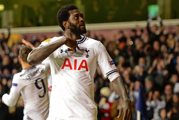 LONDON, ENGLAND - FEBRUARY 27:  Emmanuel Adebayor of Tottenham Hotspur celebrates after scoring a goal during the UEFA Europa League Round of 32 second leg match between Tottenham Hotspur and  FC Dnipro Dnipropetrovsk at White Hart Lane on February 27, 2014 in London, England.  (Photo by Jamie McDonald/Getty Images)