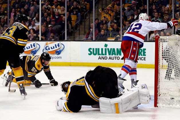BOSTON, MA - MARCH 01:  Joel Ward #42 of the Washington Capitals celebrates a second period goal against Tuukka Rask #40 of the Boston Bruins during a game at the TD Garden on March 1, 2014 in Boston, Massachusetts.  (Photo by Alex Trautwig/Getty Images)