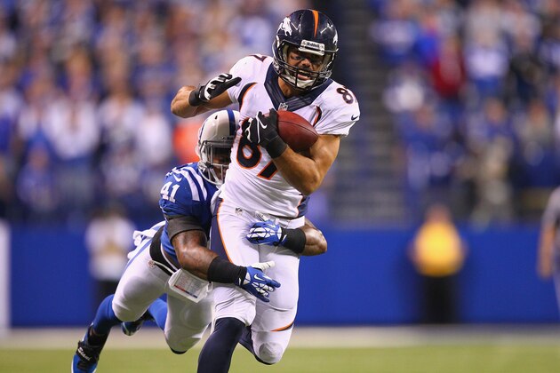 INDIANAPOLIS, IN - OCTOBER 20: Eric Decker #87 of the Denver Broncos catches a pass against Antoine Bethea #41 of the Indianapolis Colts at Lucas Oil Stadium on October 20, 2013 in Indianapolis, Indiana.  (Photo by Dilip Vishwanat/Getty Images)