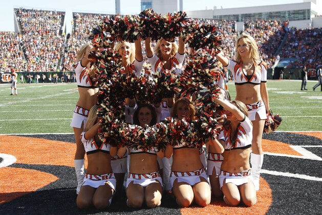 Cincinnati Bengals cheerleaders perform during in the second half of an NFL football game against the Green Bay Packers, Sunday, Sept. 22, 2013, in Cincinnati. (AP Photo/David Kohl)
