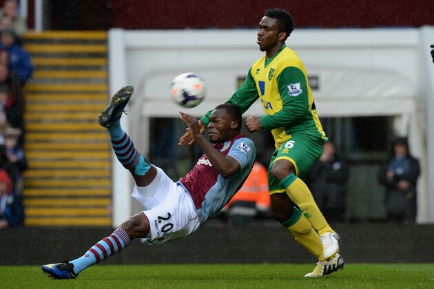 BIRMINGHAM, ENGLAND - MARCH 02:  Christian Benteke of Aston Villa scores his team's first goal during the Barclays Premier League match between Aston Villa and Norwich City at Villa Park on March 2, 2014 in Birmingham, England.  (Photo by Tony Marshall/Getty Images)