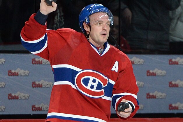 MONTREAL, QC - JANUARY 11: Andrei Markov #79 of the Montreal Canadiens, is the first star of the game, after scoring the winning goal against the Chicago Blackhawks during the NHL game on January 11, 2014 at the Bell Centre in Montreal, Quebec, Canada. (Photo by Francois Lacasse/NHLI via Getty Images)