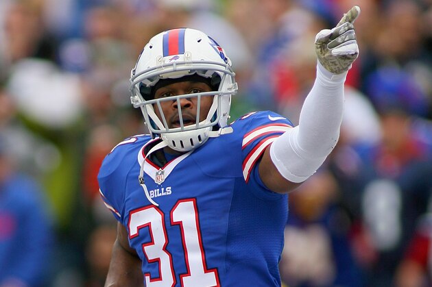 ORCHARD PARK, NY - NOVEMBER 17:  Jairus Byrd #31 of the Buffalo Bills reacts after making his first of two interceptions against the New York Jets at Ralph Wilson Stadium on November 17, 2013 in Orchard Park, New York.  (Photo by Rick Stewart/Getty Images)