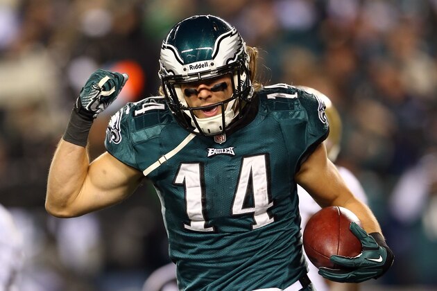 PHILADELPHIA, PA - JANUARY 04:  Riley Cooper #14 of the Philadelphia Eagles celebrates after scoing a 10 yard touchdown thrown by Nick Foles #9 in the second quarter against the New Orleans Saints during their NFC Wild Card Playoff game at Lincoln Financial Field on January 4, 2014 in Philadelphia, Pennsylvania.during their NFC Wild Card Playoff game at Lincoln Financial Field on January 4, 2014 in Philadelphia, Pennsylvania.  (Photo by Elsa/Getty Images)