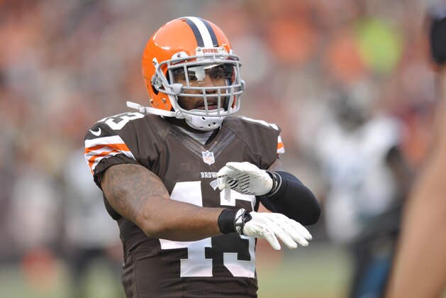Cleveland Browns strong safety T.J. Ward  during an NFL football game against the Jacksonville Jaguars Sunday, Dec. 1, 2013, in Cleveland. Jacksonville won 32-28. (AP Photo/David Richard)